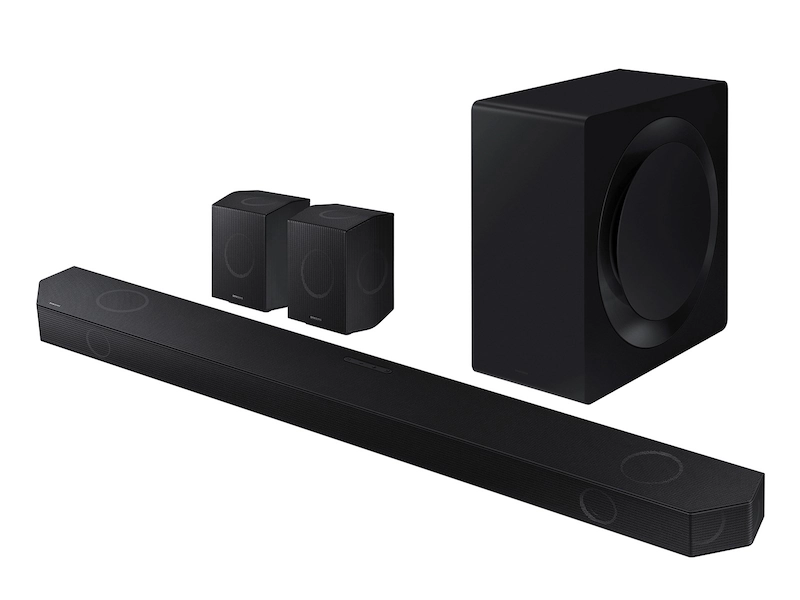 Samsung HW-Q990D soundbar with rear surround speakers and wireless subwoofer