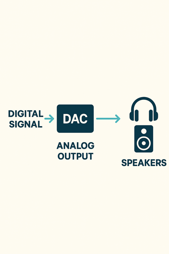 Diagram showing how a DAC converts digital audio signals to analog sound waves