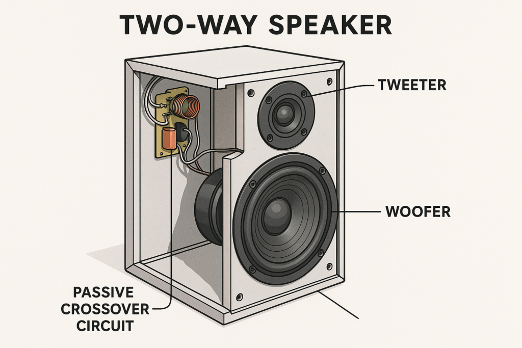 Exploded view of a two-way speaker cabinet showing internal tweeter, woofer, and passive crossover components like capacitors and inductors