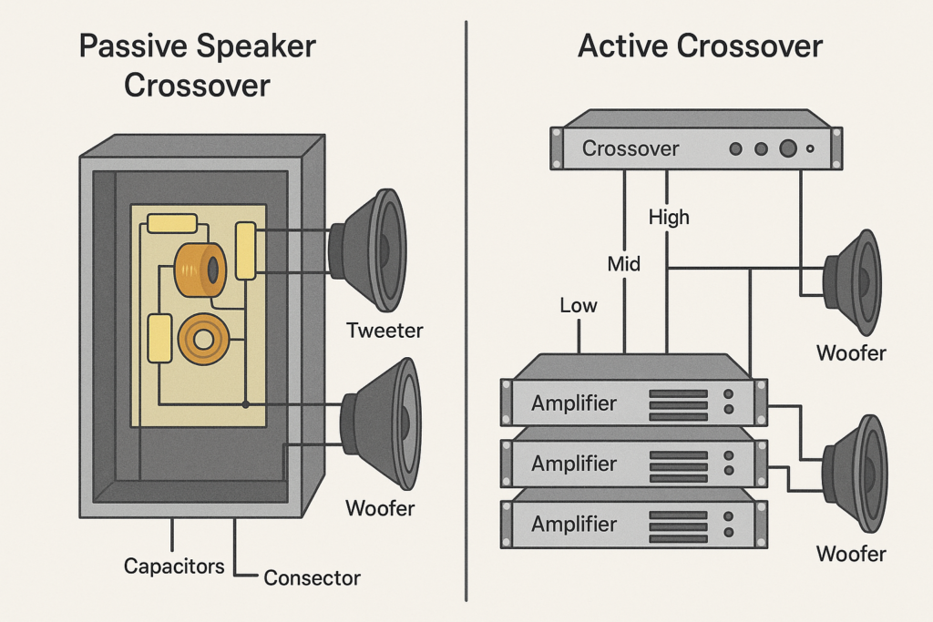 Illustration comparing passive and active speaker crossovers. Left side shows internal components like capacitors and connectors inside a passive speaker enclosure; right side shows an active crossover system with external crossover unit, separate amplifiers, and signal routing to woofers.