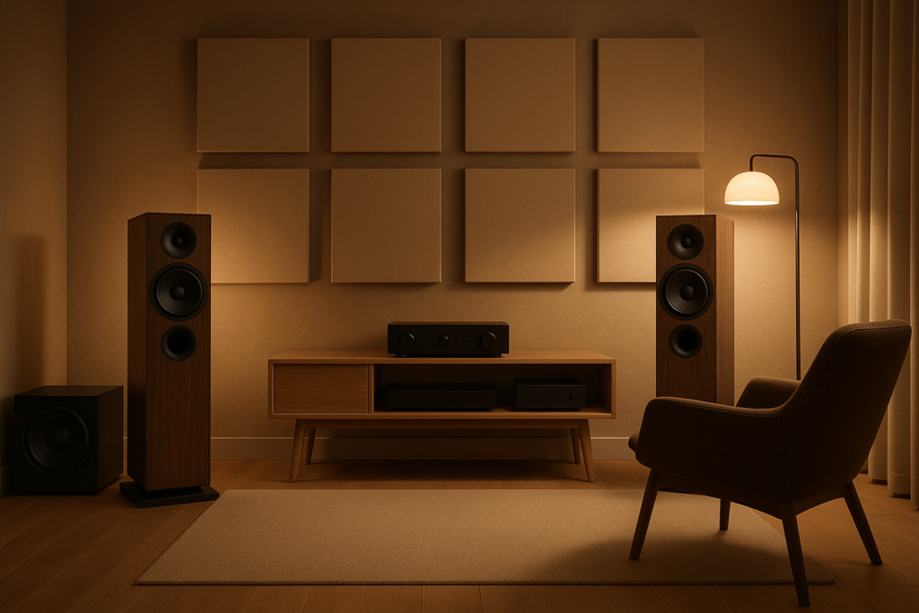 Modern listening room with stereo floorstanding speakers, a subwoofer, acoustic panels, and minimalist decor
