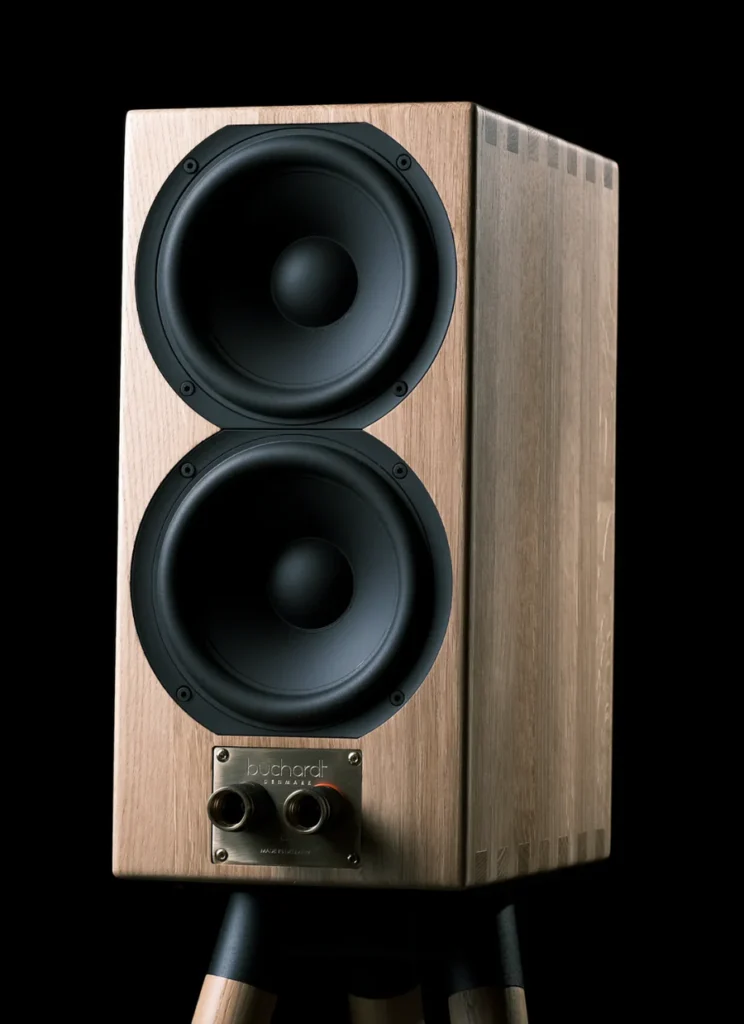Close-up of Buchardt E50 speaker terminals and rear passive radiators