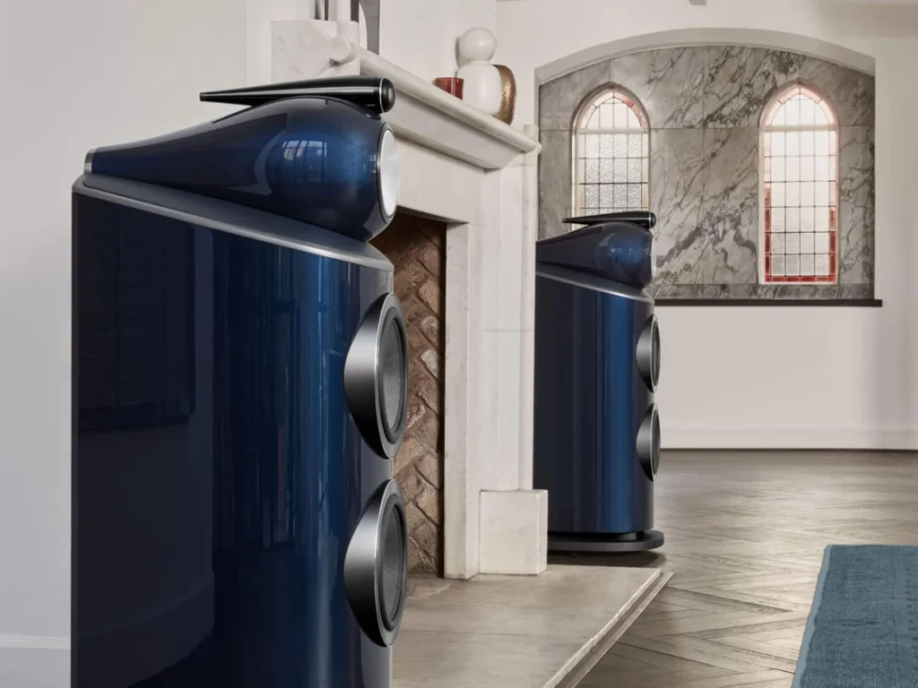 Bowers & Wilkins 801 D4 Signature Speakers arranged in a living room on boths sides of a fireplace