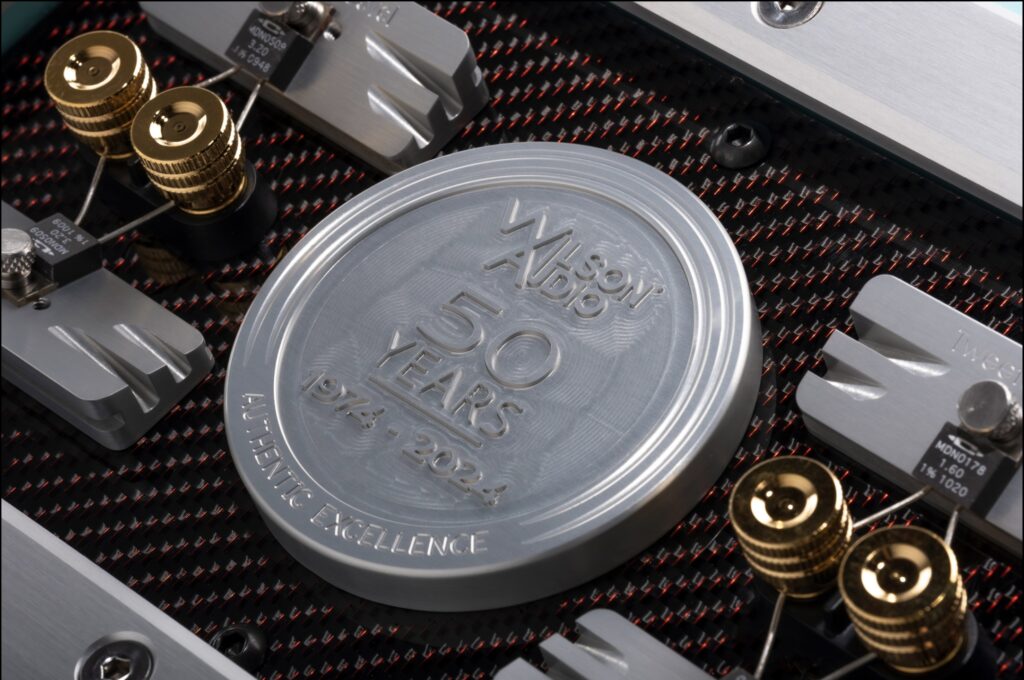 Emblem on the WATT Puppy speakers celebrating the 50th anniversary of Wilson Audio