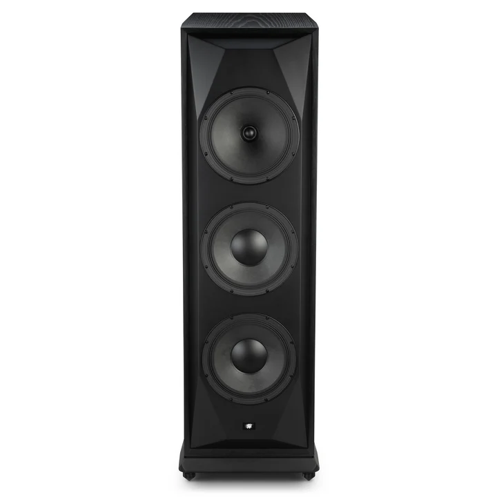 Front view of the SourcePoint V10 Master Edition loudspeaker in black finish with white background. 