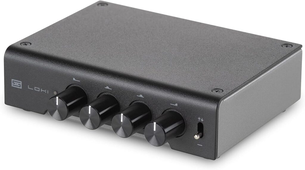 Schiit Loki Mini+ 4-band analog equalizer with four control knobs on black chassis - best budget external equalizer