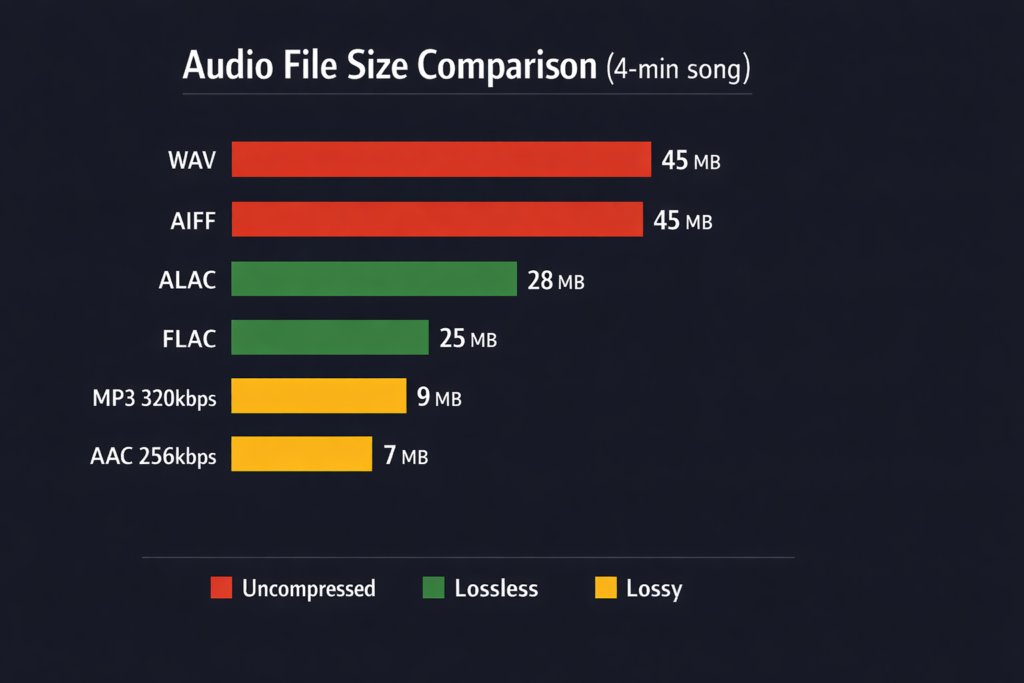A bar graph depicting a size comparison between different hi-res audio file formats