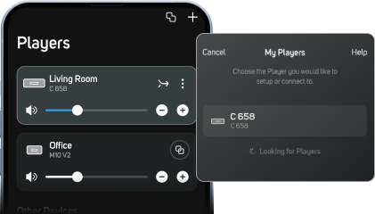 BluOS app interface showing device selection