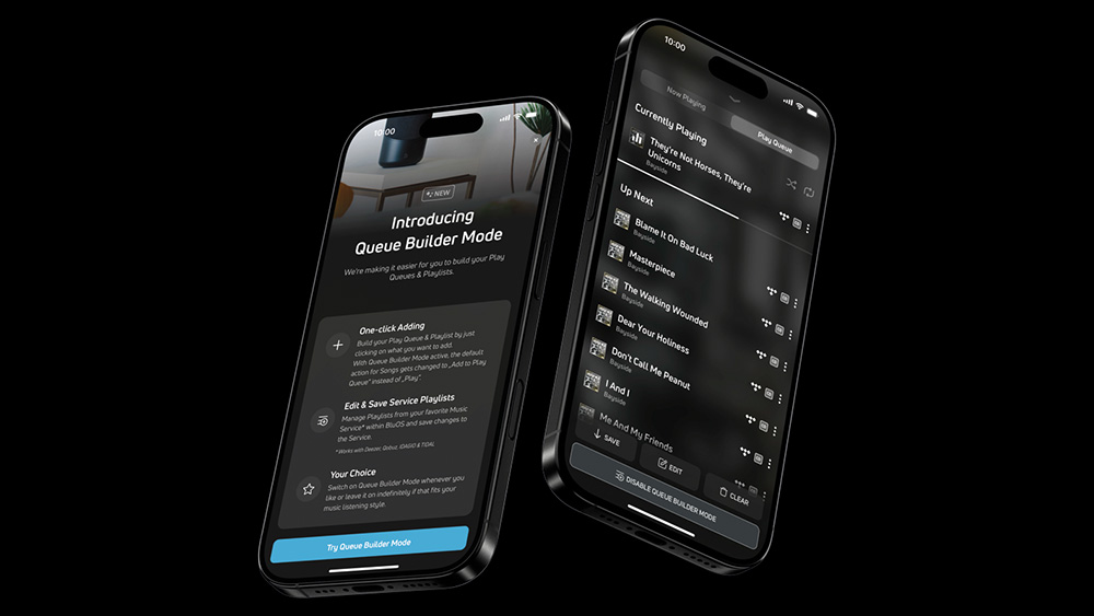 BluOS interface showing Queue builder