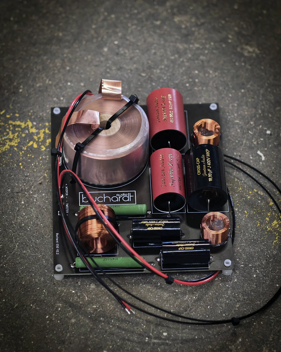 closeup of a speaker's crossover circuitry