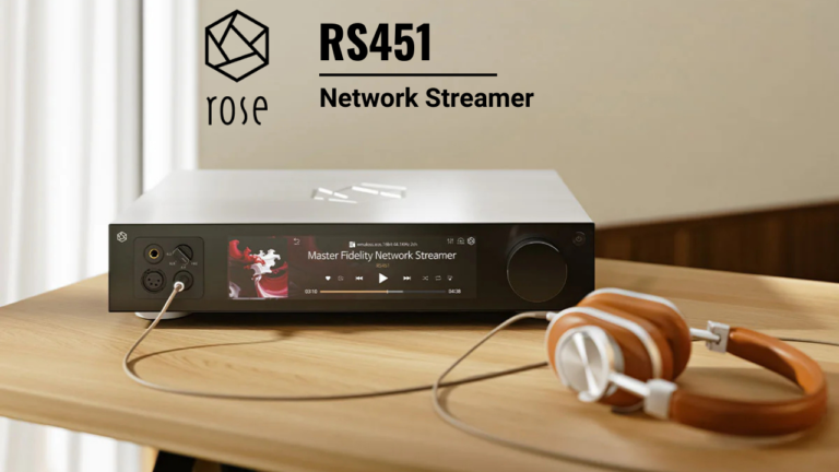 HiFi Rose RS451 Network Streamer on a table with headphones connected to it